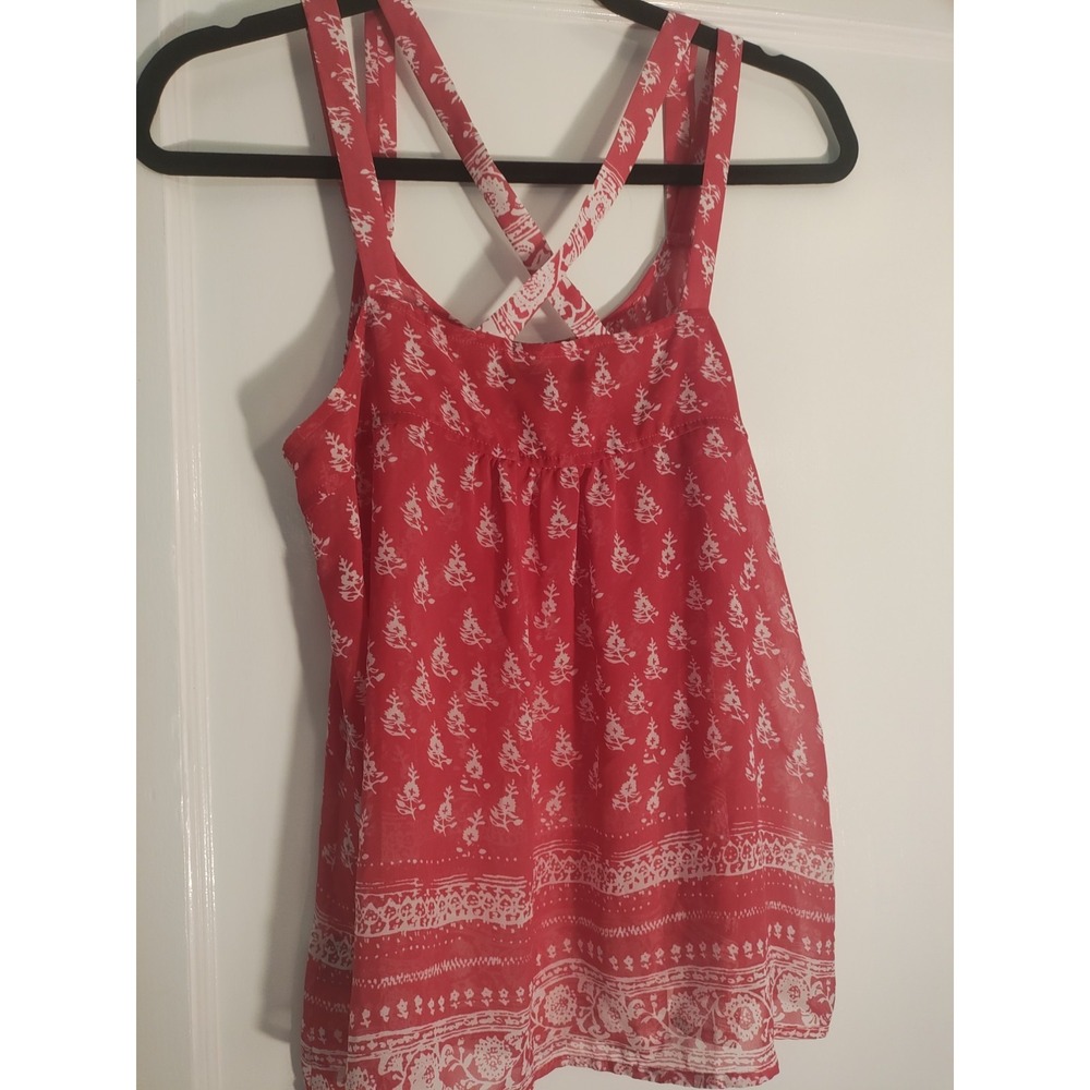 Express Women's M Red White Floral Boho Cross Back Tank Top